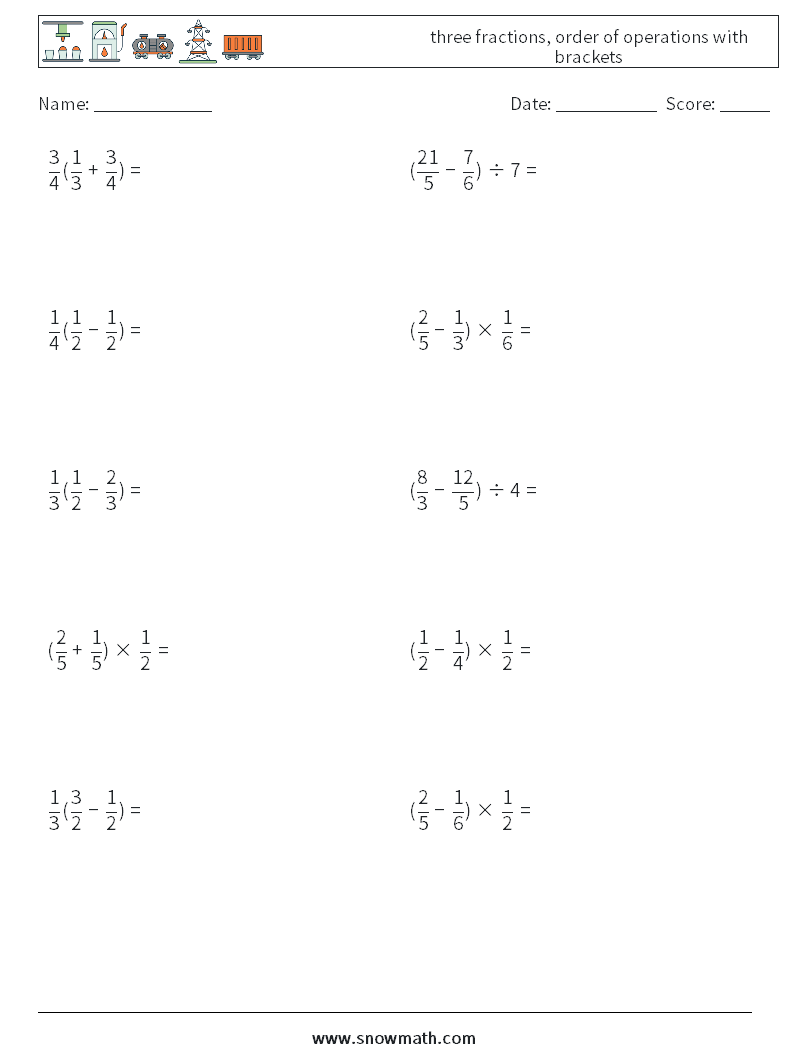 three fractions, order of operations with brackets Maths Worksheets 8