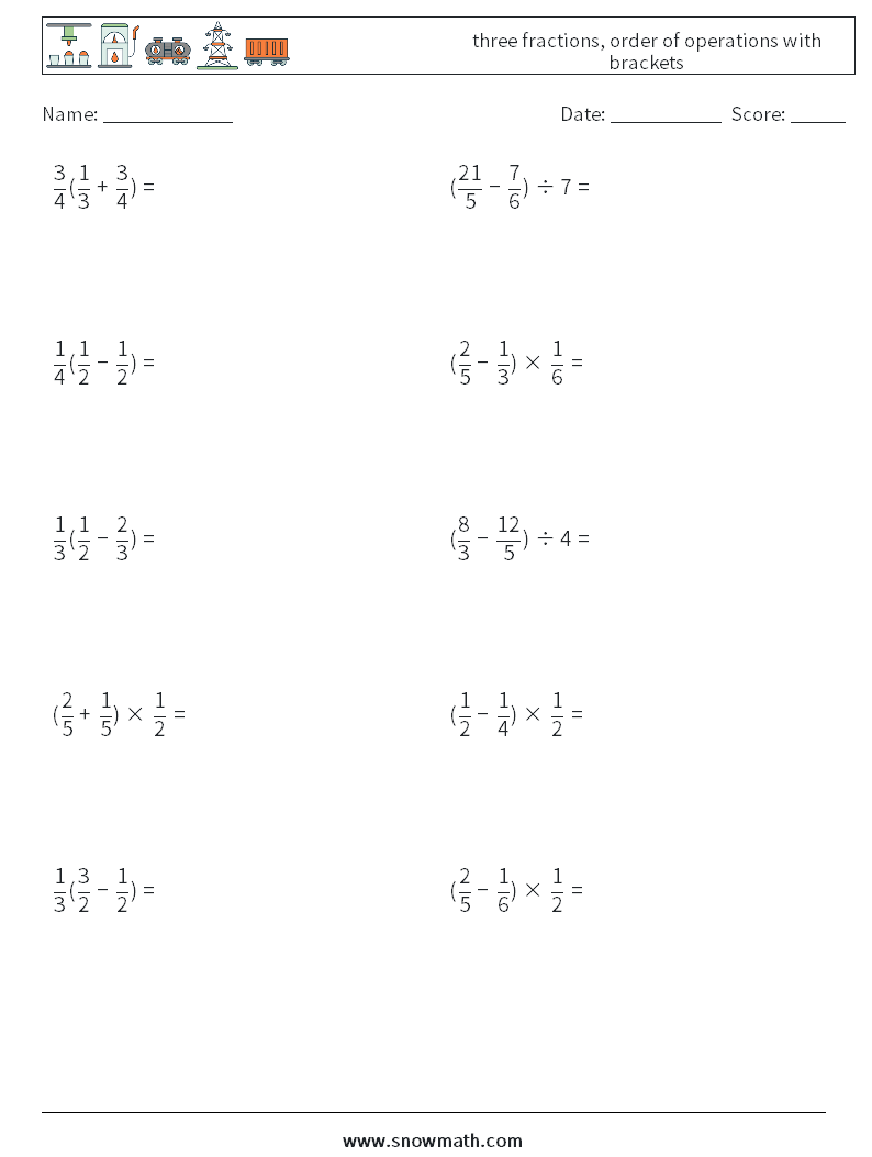 three fractions, order of operations with brackets Math Worksheets 8