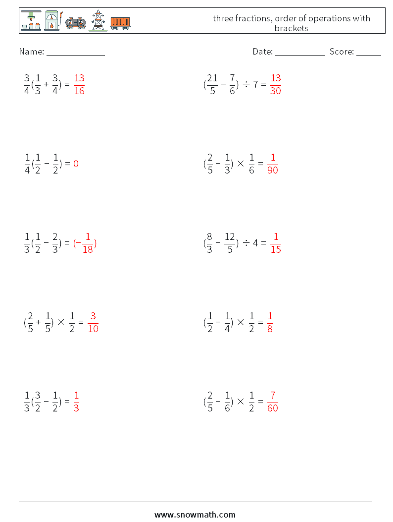 three fractions, order of operations with brackets Math Worksheets 8 Question, Answer