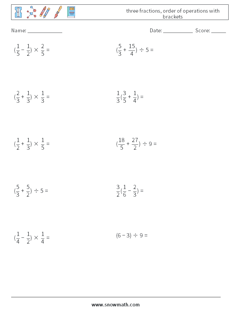 three fractions, order of operations with brackets Maths Worksheets 9