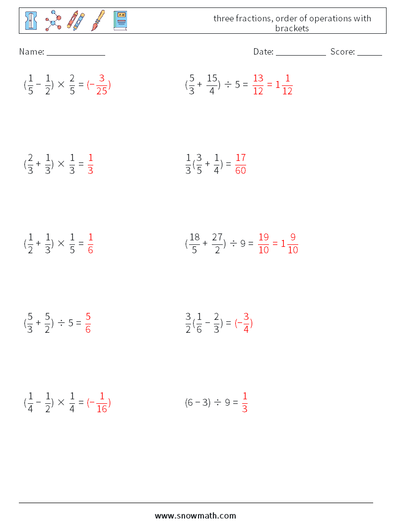 three fractions, order of operations with brackets Math Worksheets 9 Question, Answer