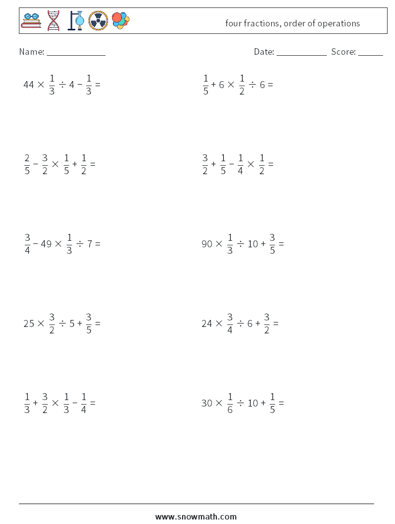 four fractions, order of operations Math Worksheets 1