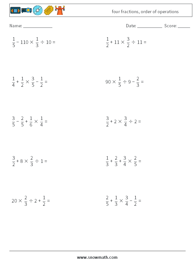 four fractions, order of operations Math Worksheets 10