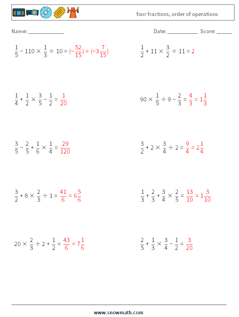 four fractions, order of operations Math Worksheets 10 Question, Answer