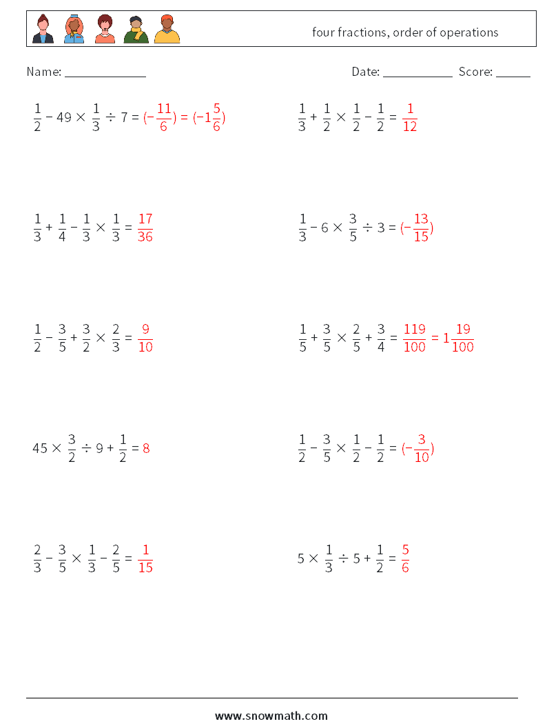 four fractions, order of operations Math Worksheets 11 Question, Answer