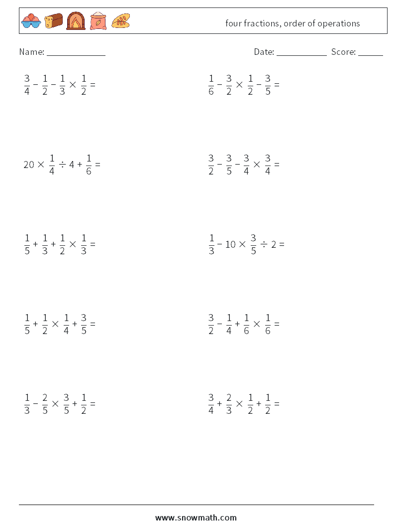 four fractions, order of operations Math Worksheets 12