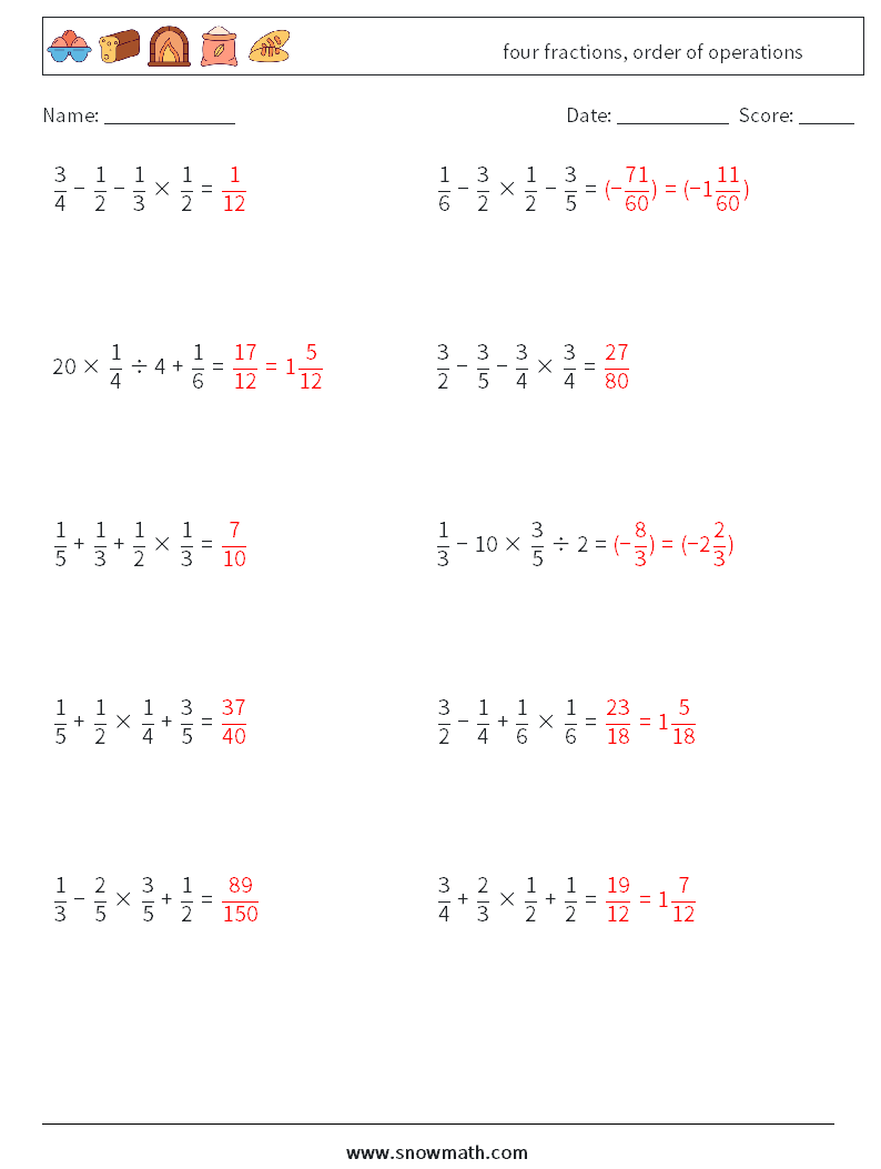four fractions, order of operations Math Worksheets 12 Question, Answer