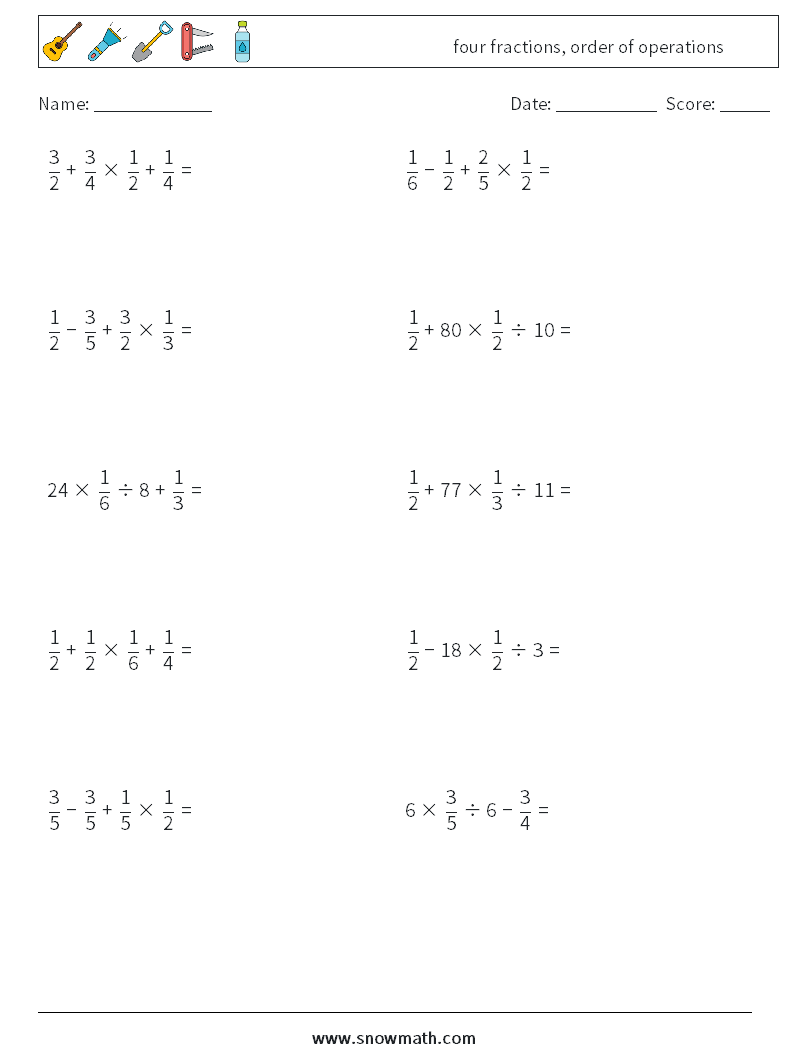 four fractions, order of operations Math Worksheets 13