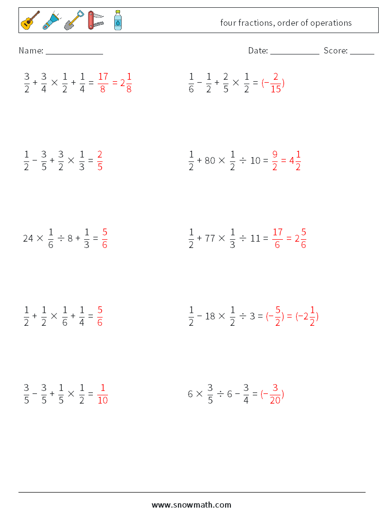 four fractions, order of operations Math Worksheets 13 Question, Answer