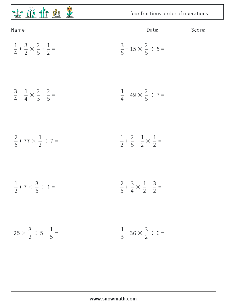 four fractions, order of operations Maths Worksheets 14