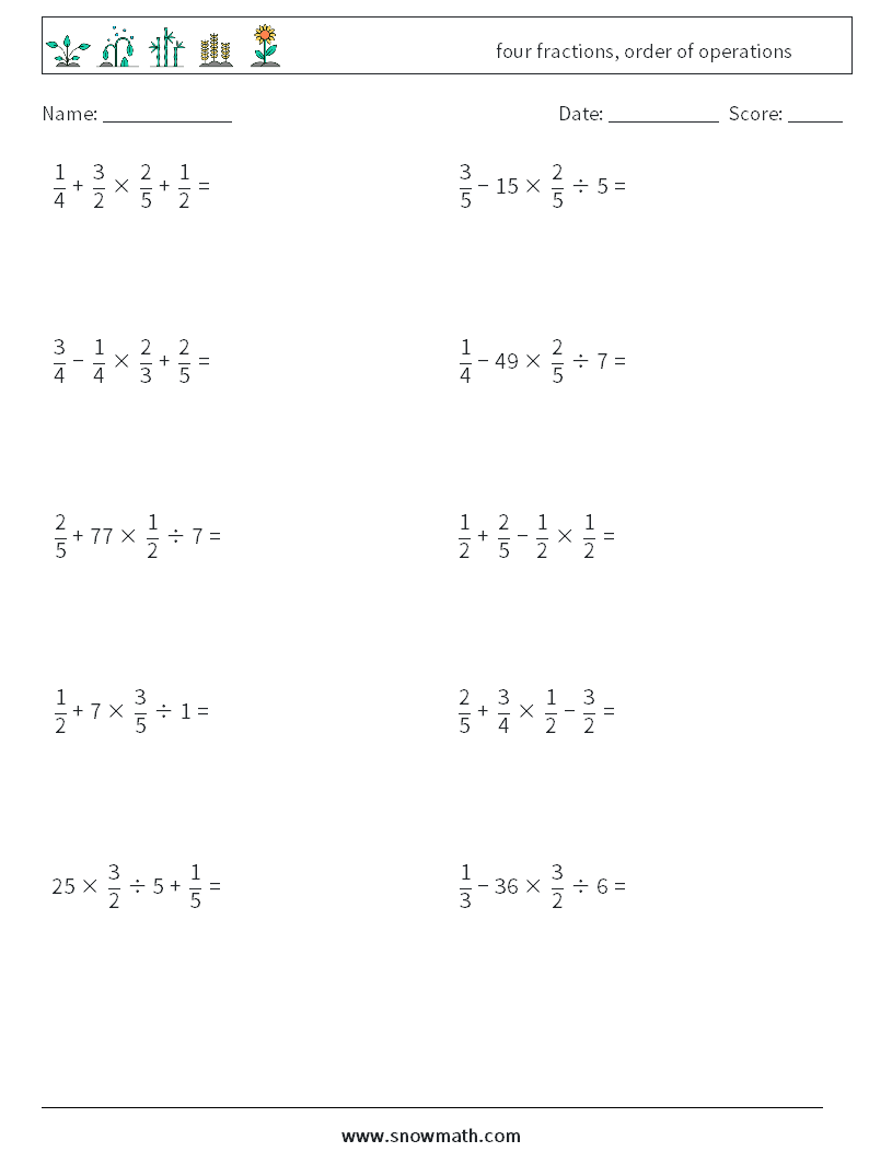 four fractions, order of operations Math Worksheets 14