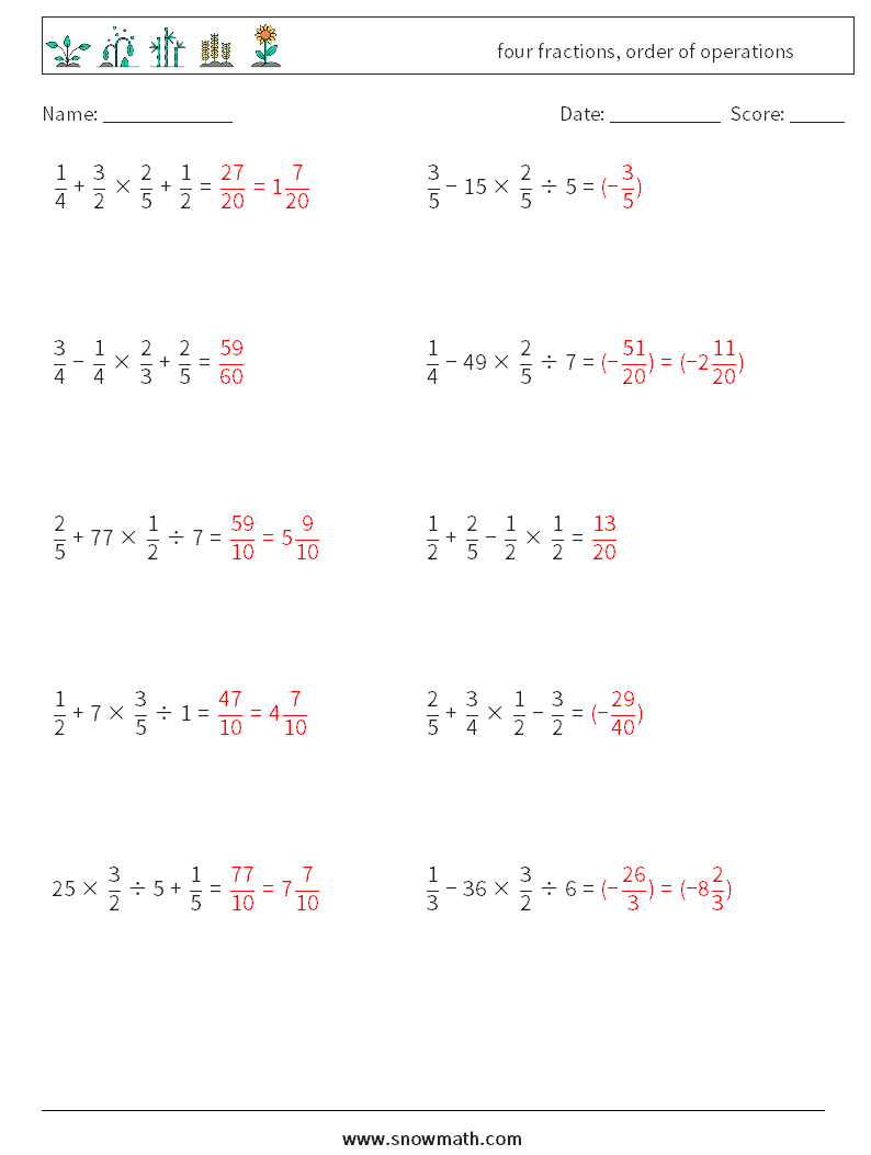 four fractions, order of operations Math Worksheets 14 Question, Answer