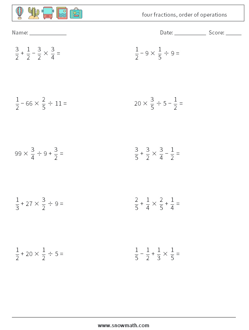 four fractions, order of operations Math Worksheets 15