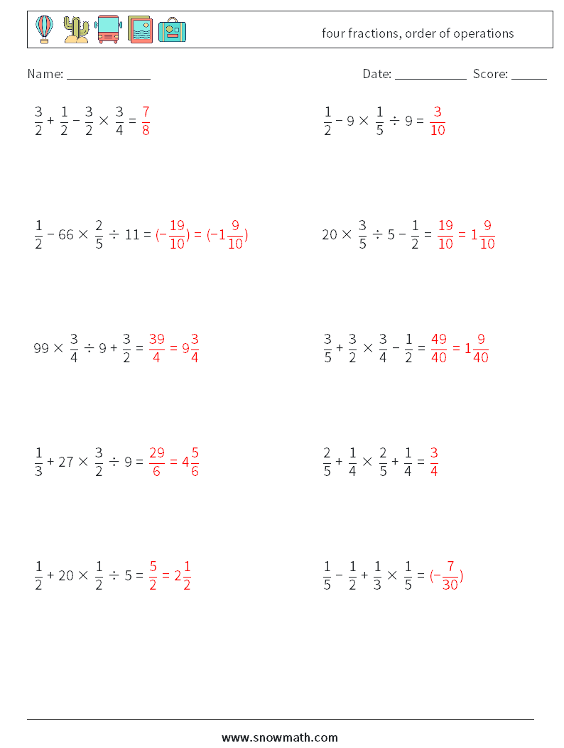 four fractions, order of operations Math Worksheets 15 Question, Answer