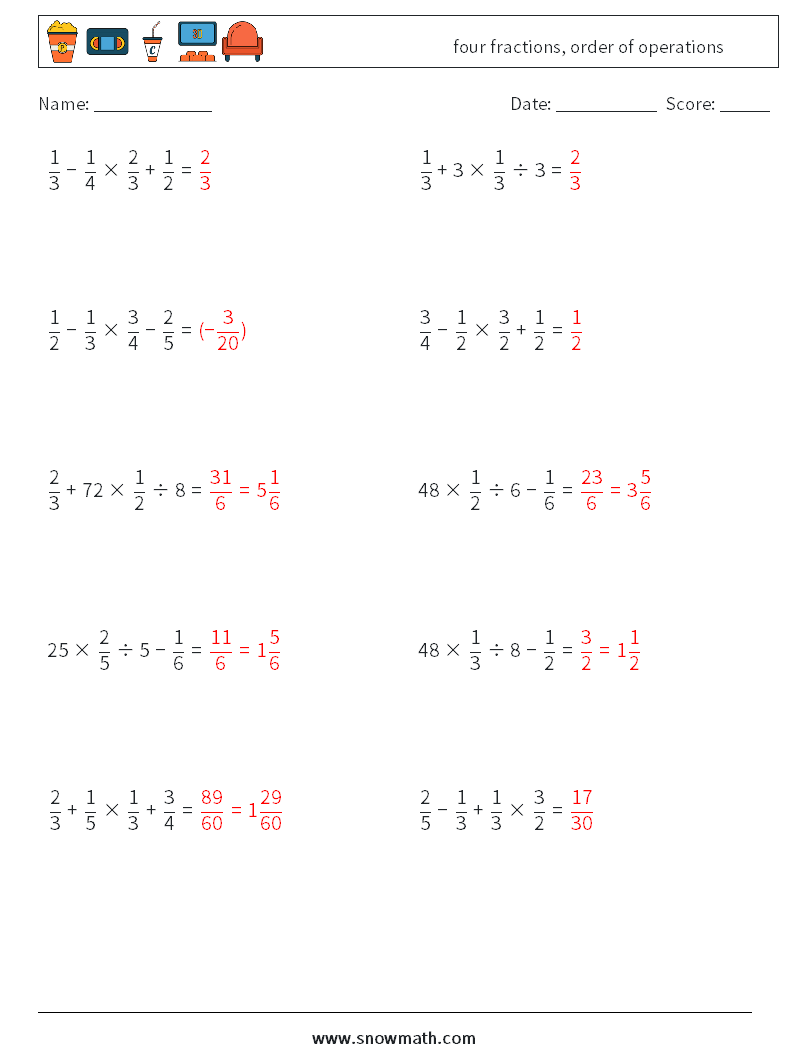 four fractions, order of operations Math Worksheets 16 Question, Answer