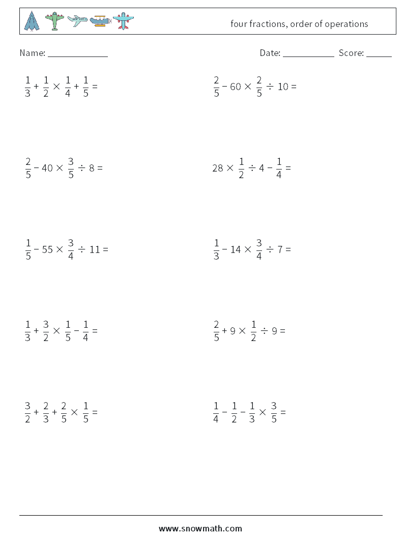 four fractions, order of operations Maths Worksheets 17