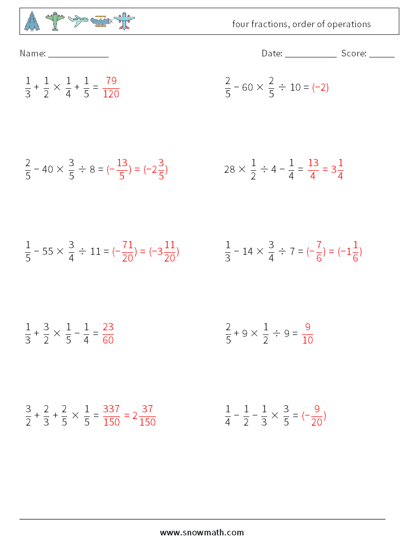 four fractions, order of operations Math Worksheets 17 Question, Answer