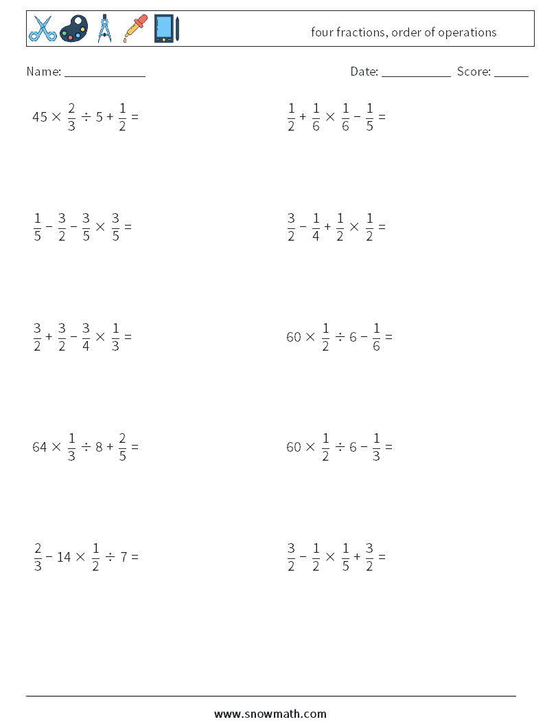 four fractions, order of operations Maths Worksheets 18