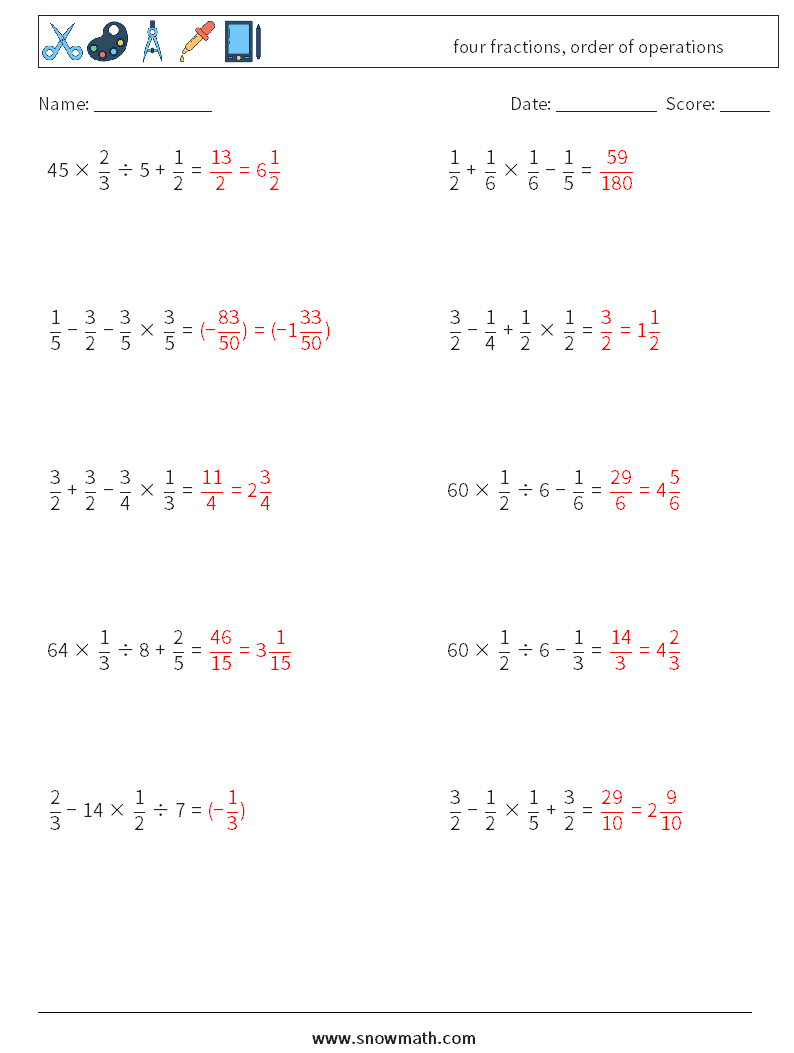 four fractions, order of operations Math Worksheets 18 Question, Answer