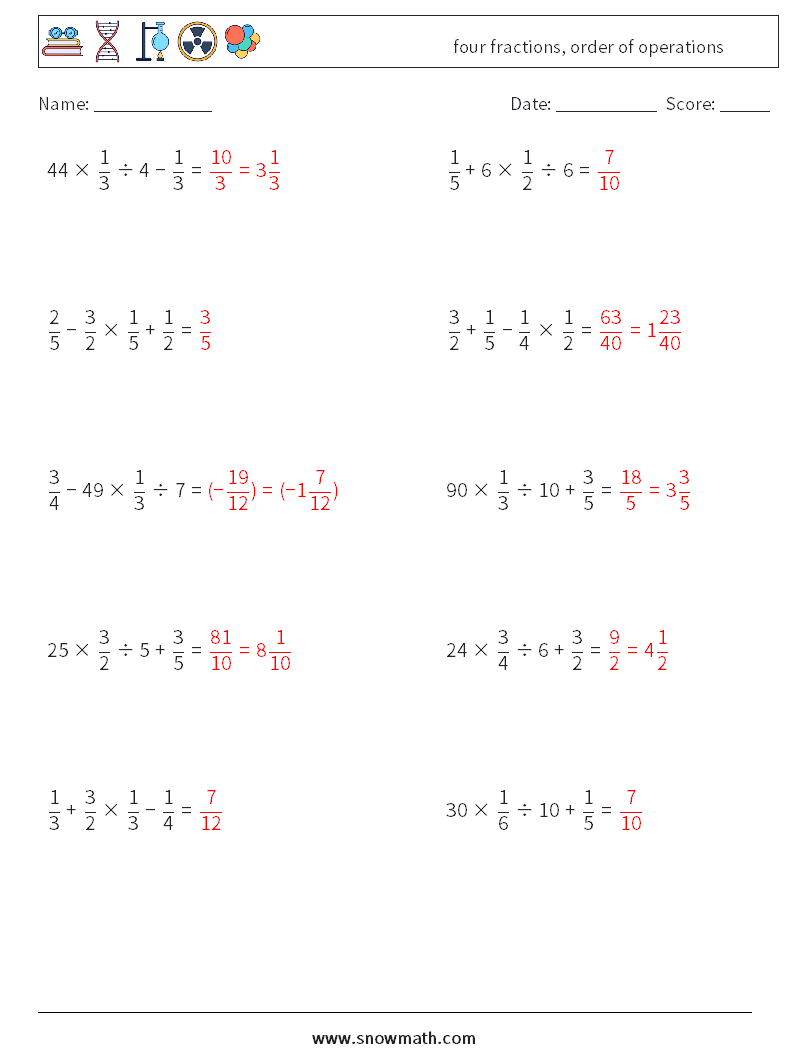 four fractions, order of operations Math Worksheets 1 Question, Answer
