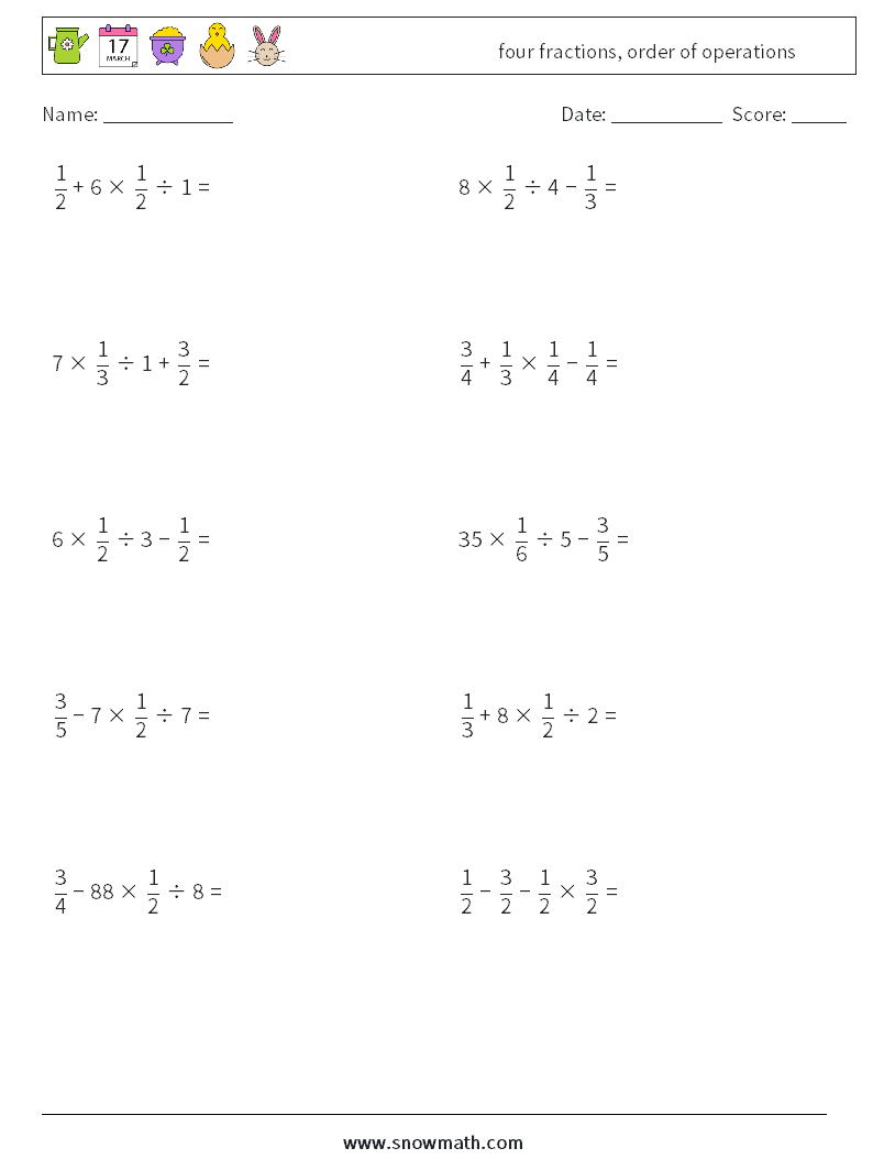 four fractions, order of operations Math Worksheets 2