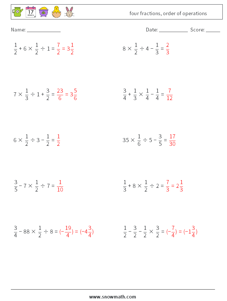 four fractions, order of operations Math Worksheets 2 Question, Answer