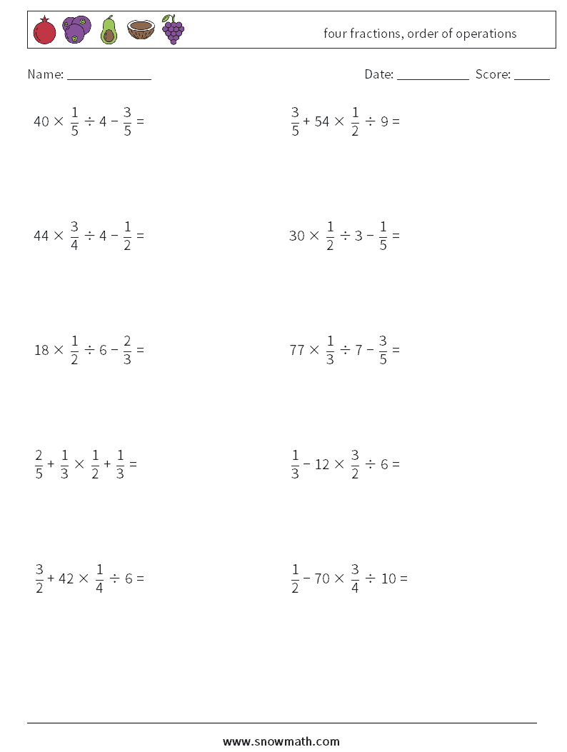four fractions, order of operations Maths Worksheets 3