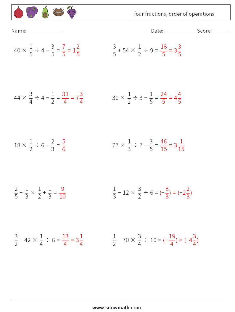 four fractions, order of operations Math Worksheets 3 Question, Answer