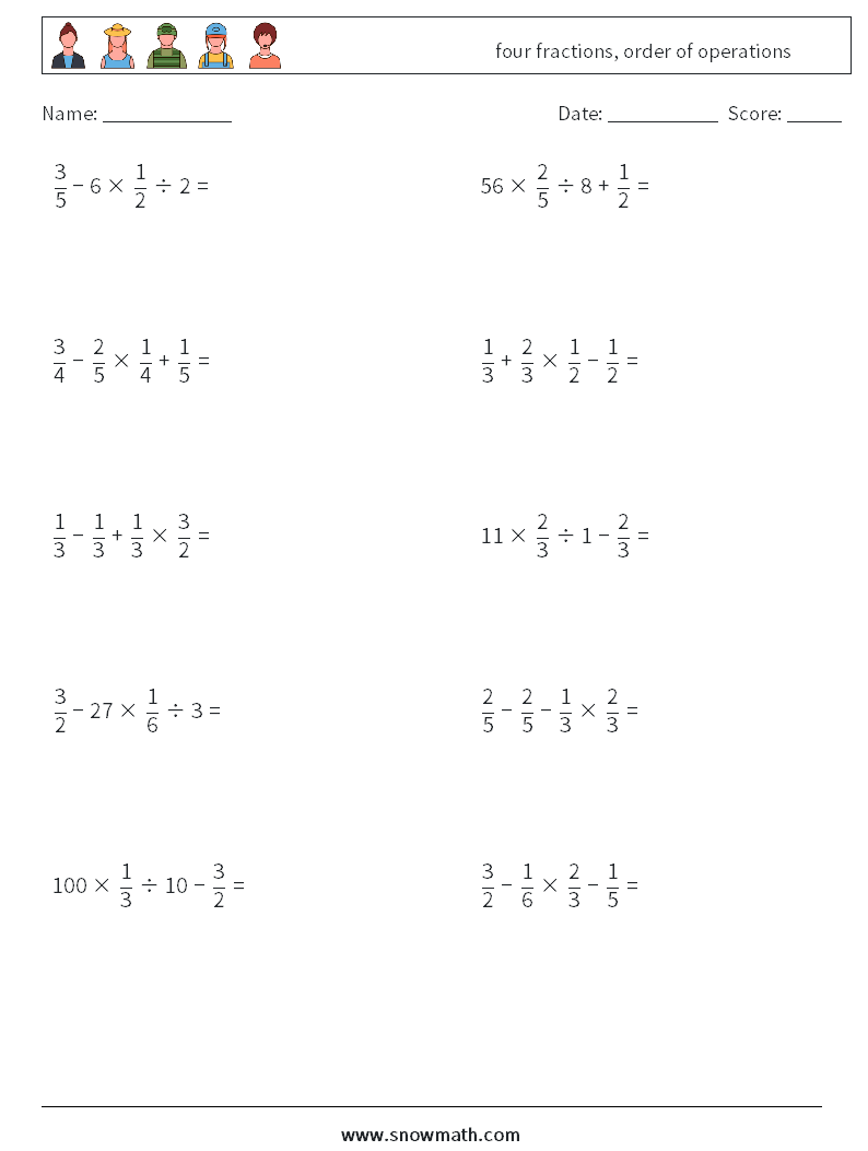 four fractions, order of operations Math Worksheets 4