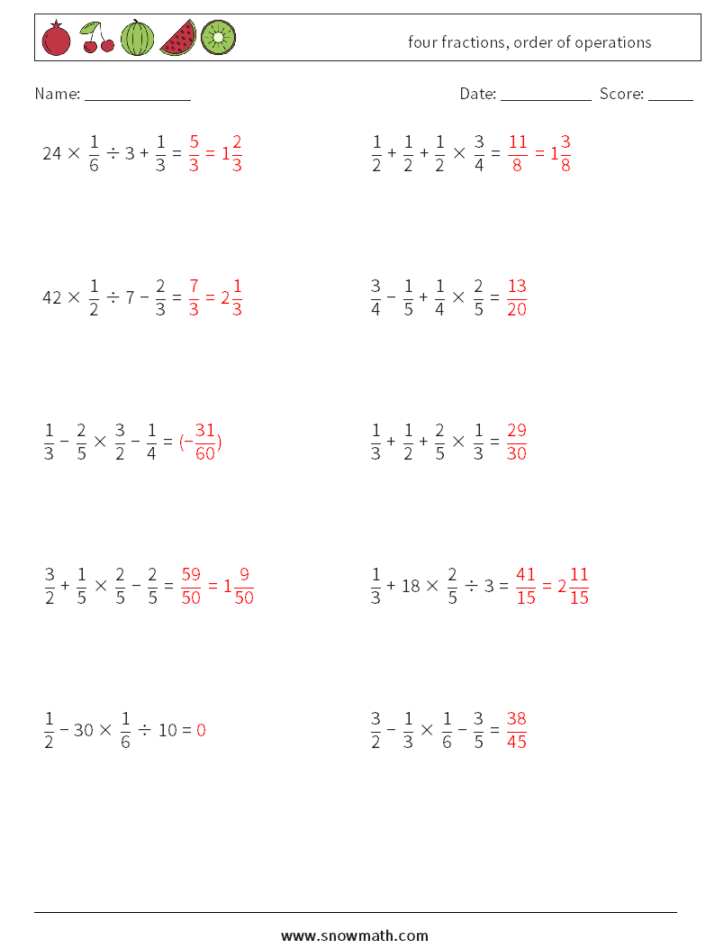 four fractions, order of operations Math Worksheets 5 Question, Answer