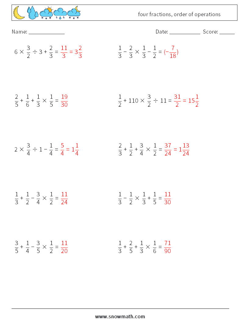 four fractions, order of operations Math Worksheets 6 Question, Answer