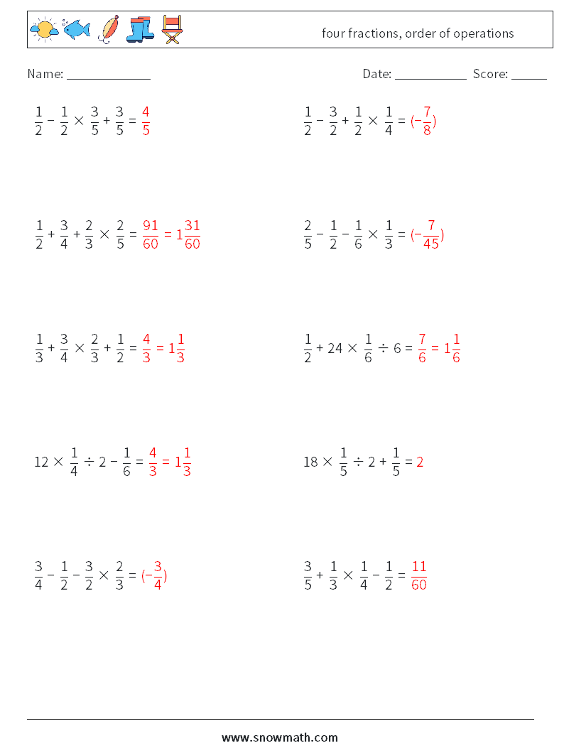 four fractions, order of operations Math Worksheets 7 Question, Answer