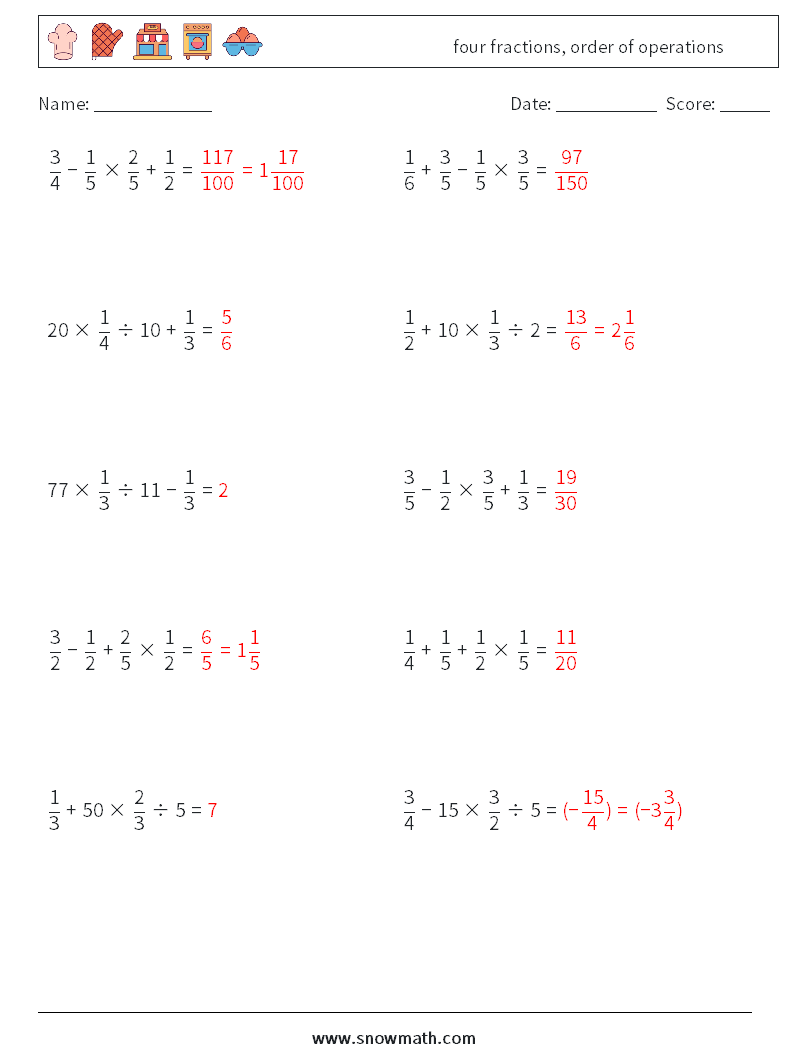 four fractions, order of operations Math Worksheets 8 Question, Answer