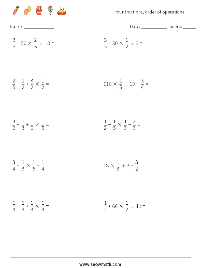 four fractions, order of operations Maths Worksheets 9