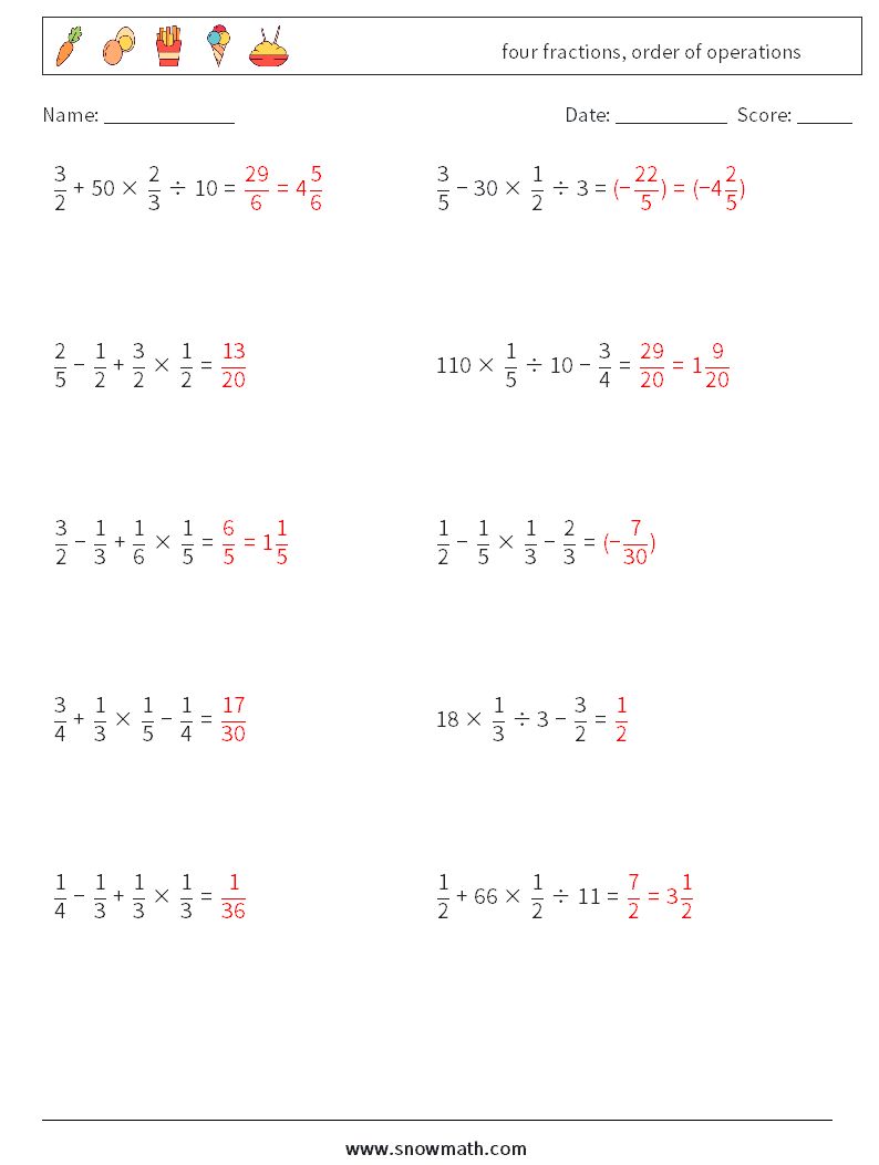 four fractions, order of operations Math Worksheets 9 Question, Answer