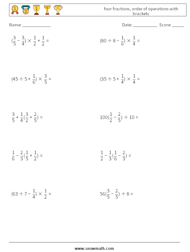 four fractions, order of operations with brackets Math Worksheets 1