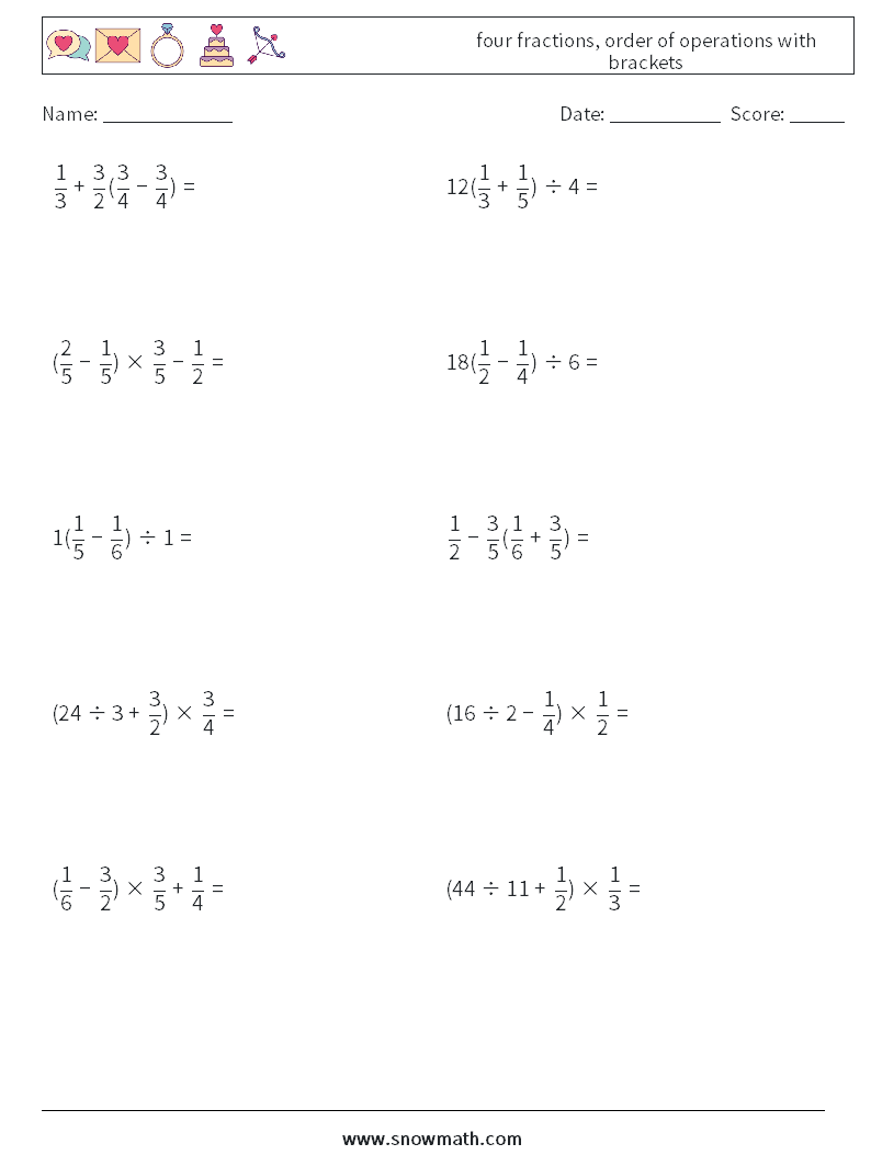 four fractions, order of operations with brackets Math Worksheets 10