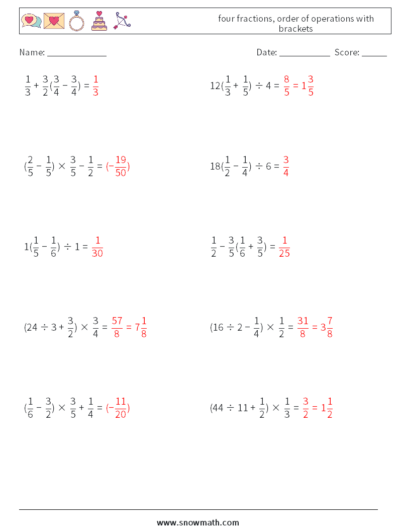four fractions, order of operations with brackets Math Worksheets 10 Question, Answer