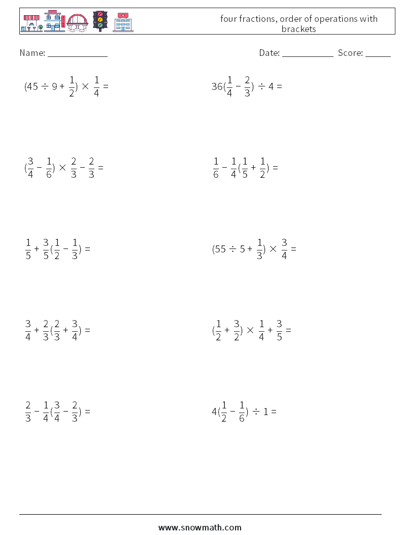 four fractions, order of operations with brackets Math Worksheets 11