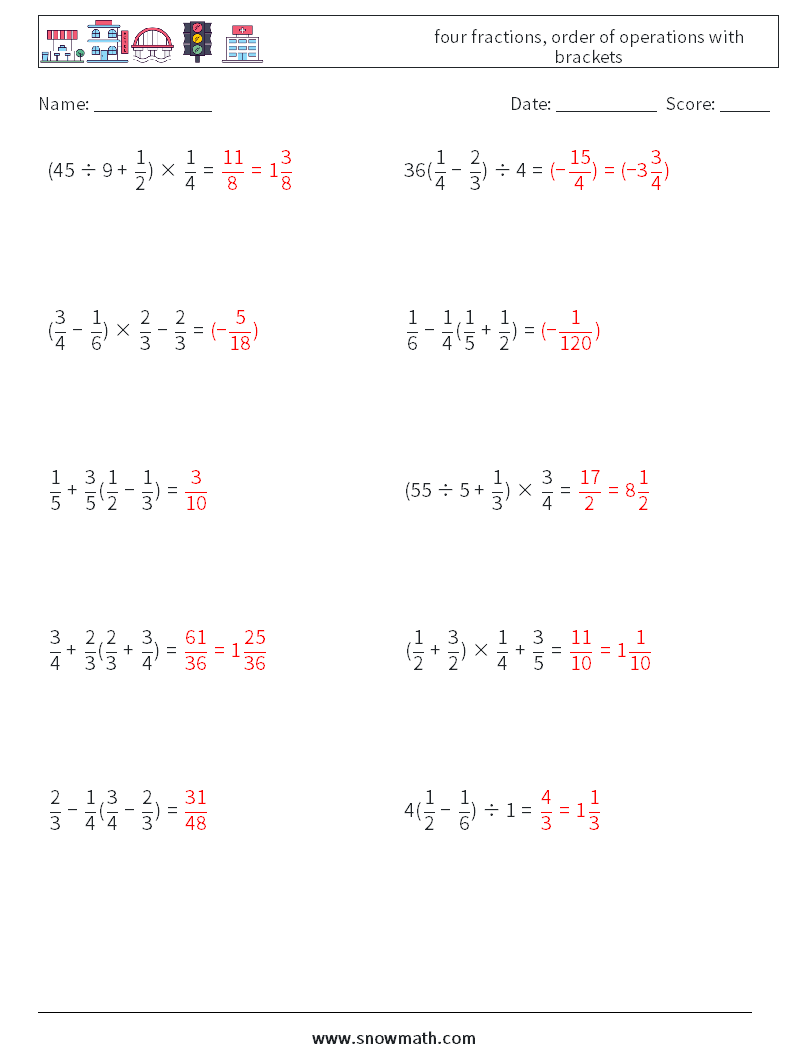 four fractions, order of operations with brackets Math Worksheets 11 Question, Answer