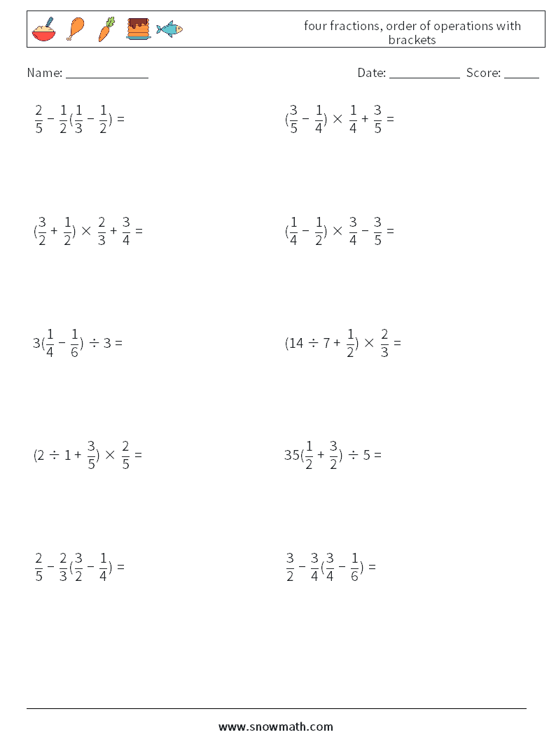 four fractions, order of operations with brackets Maths Worksheets 12