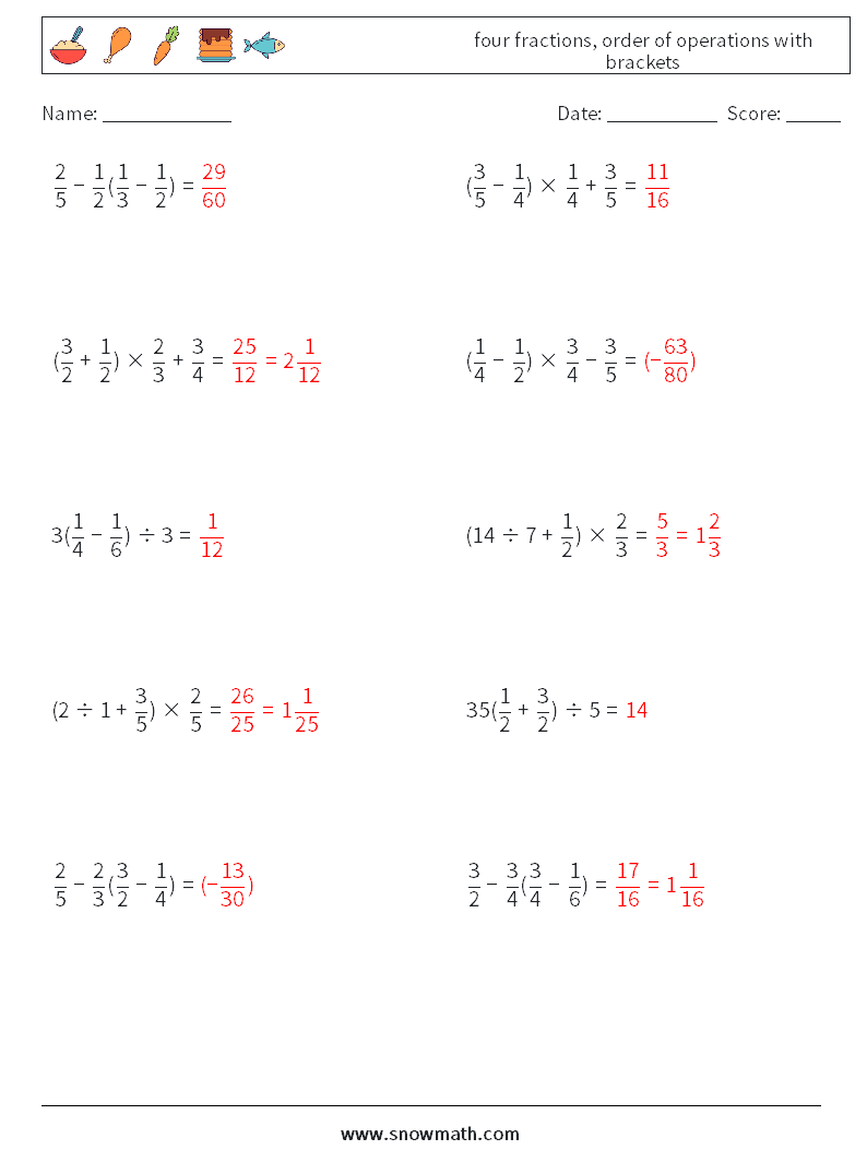 four fractions, order of operations with brackets Math Worksheets 12 Question, Answer