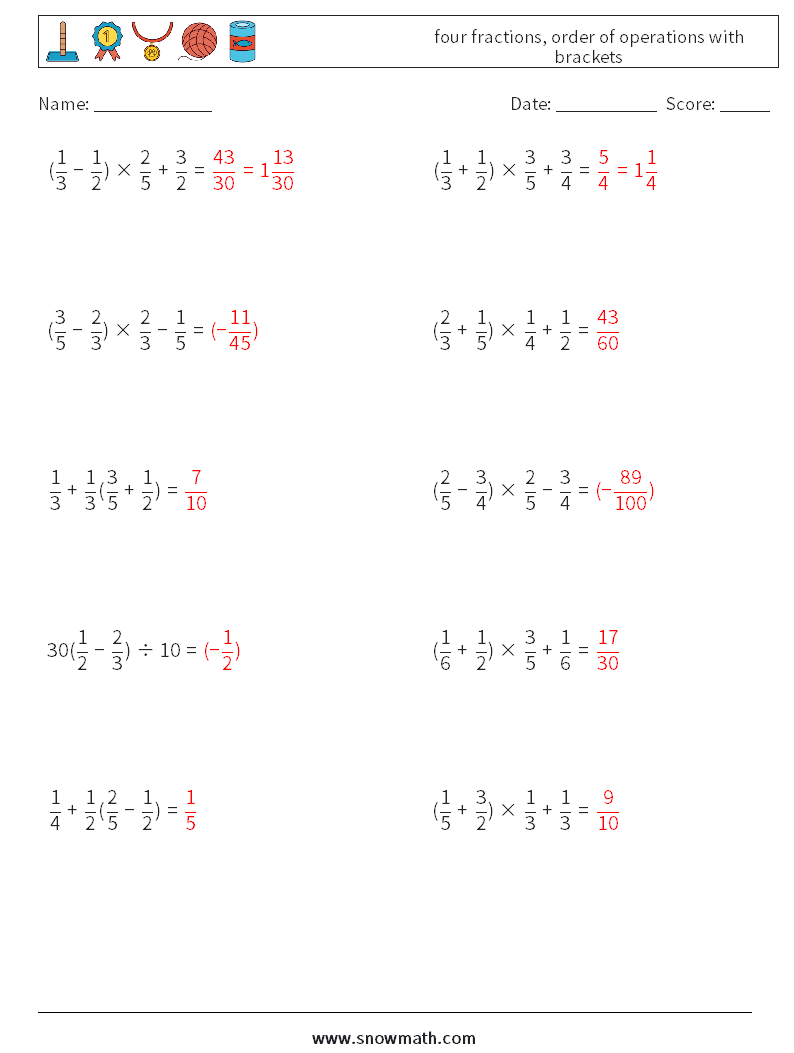 four fractions, order of operations with brackets Math Worksheets 13 Question, Answer