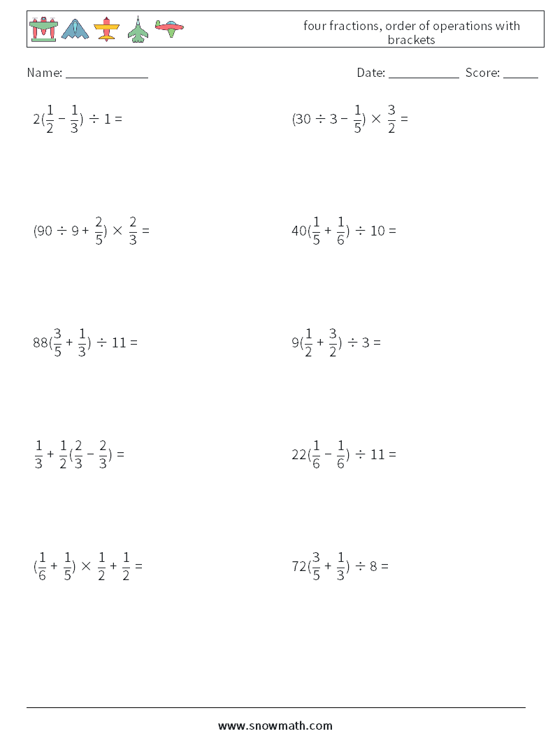 four fractions, order of operations with brackets Maths Worksheets 14