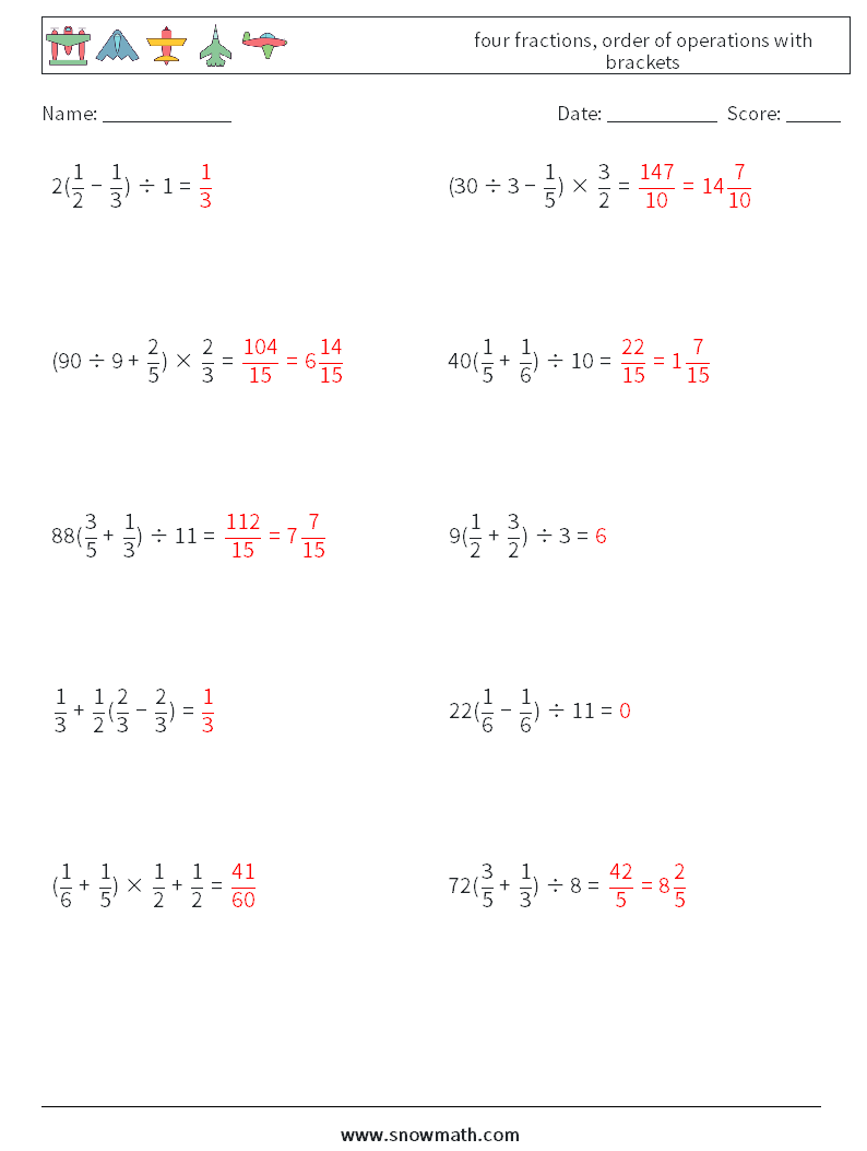 four fractions, order of operations with brackets Math Worksheets 14 Question, Answer