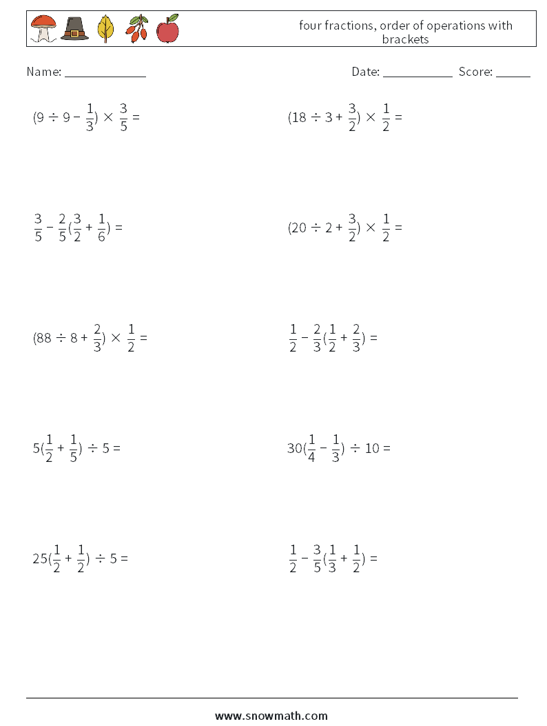 four fractions, order of operations with brackets Maths Worksheets 15