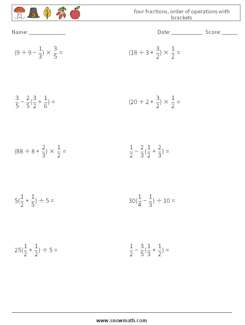 four fractions, order of operations with brackets Math Worksheets 15