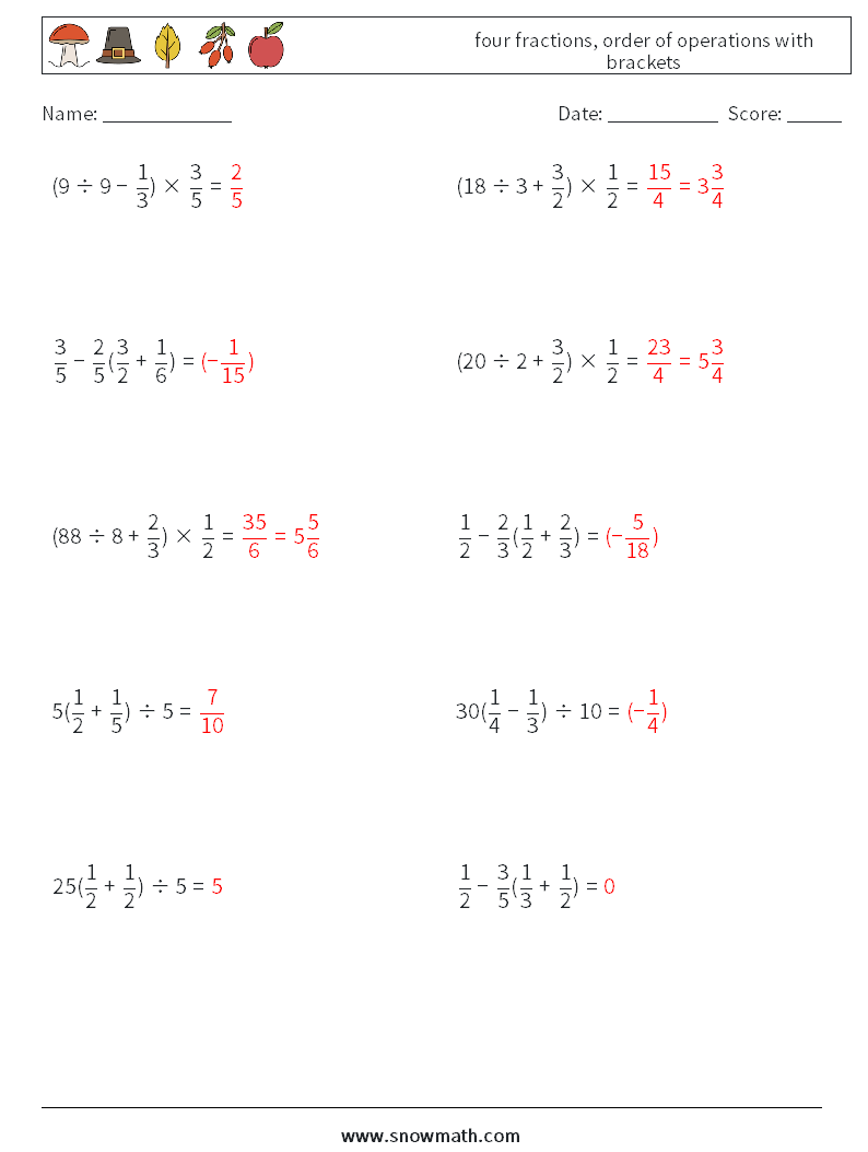 four fractions, order of operations with brackets Math Worksheets 15 Question, Answer