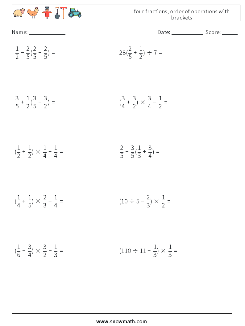 four fractions, order of operations with brackets Math Worksheets 16