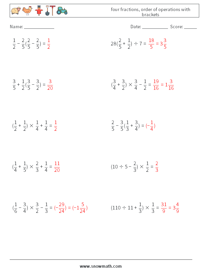 four fractions, order of operations with brackets Math Worksheets 16 Question, Answer